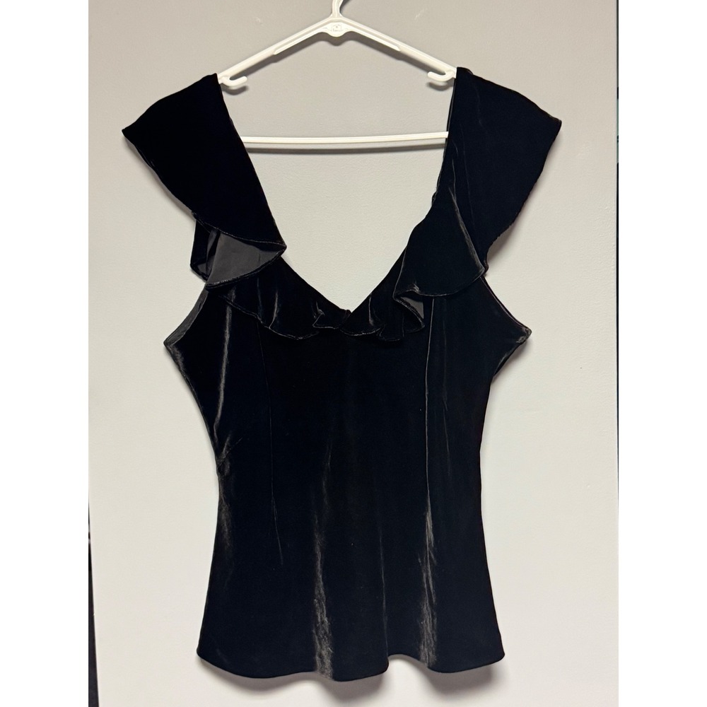 Lauren Jeans Company Ralph Lauren Black Velvet Ruffle V Neck Tank Whimsy‎ Top XL